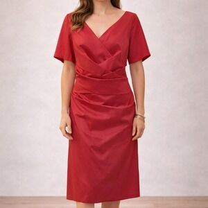 Talbot Runhof Orange Red Draped Silk Blend Cocktail Shift Midi Dress Sz 16/46‎